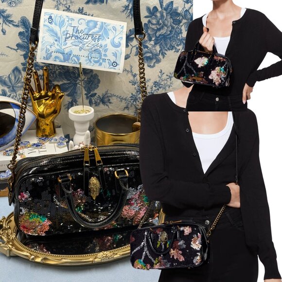🆕 KURT GEIGER LONDON 🧿 NWOT Small Kensington Duffle Bag, Black Floral Sequins - Picture 1 of 14